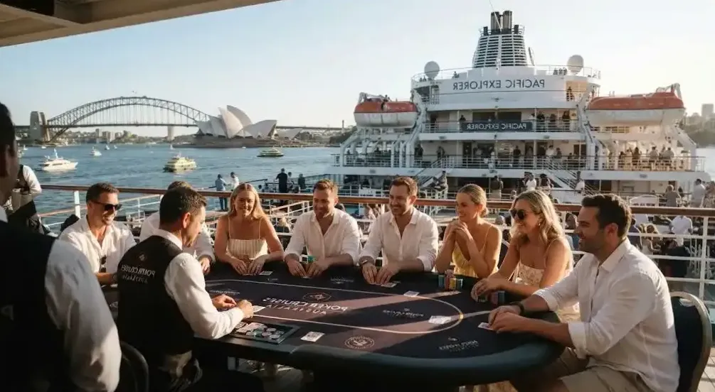 Guests in evening dress on the deck rail